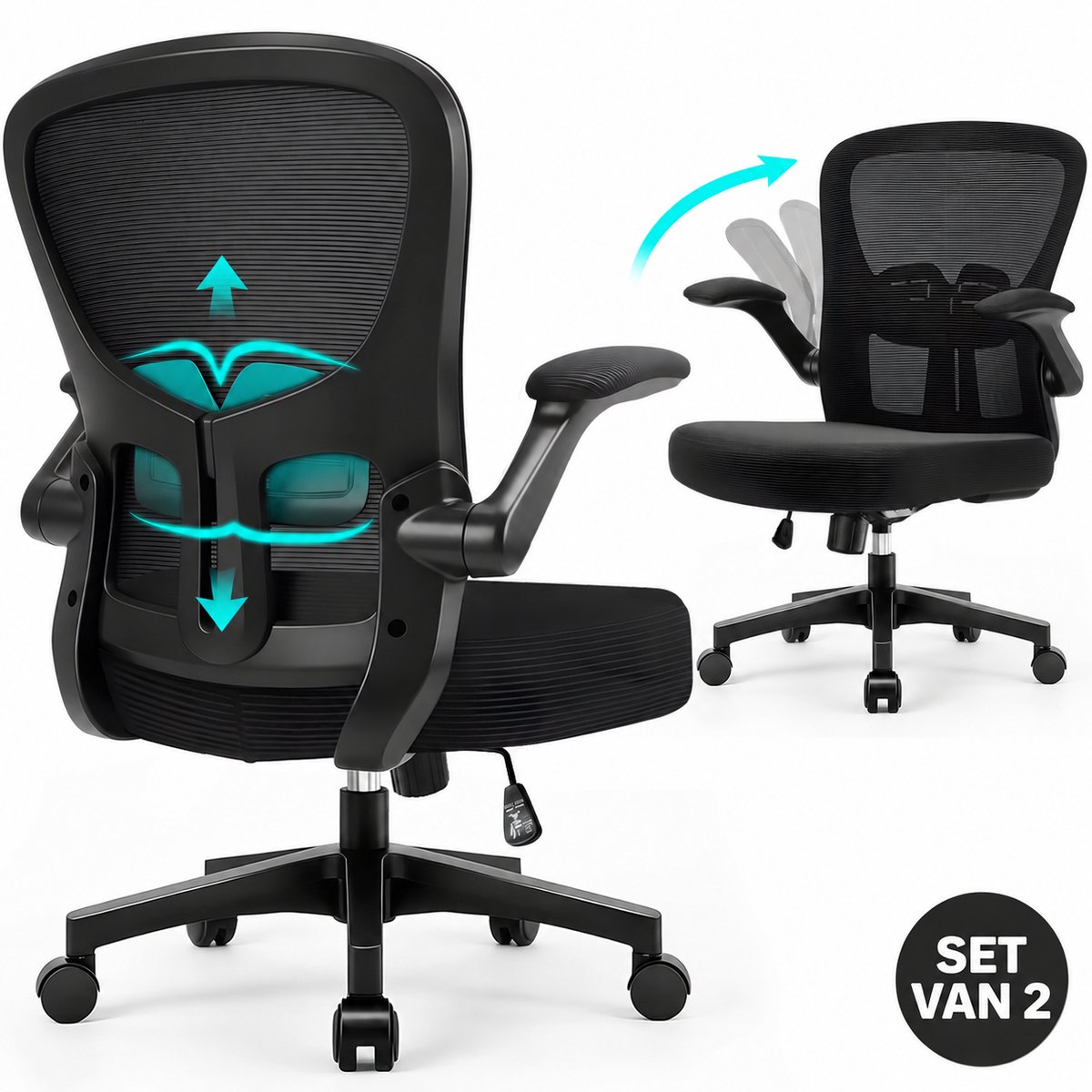 Durrafy Ergonomische Bureaustoel tot 150 kg – Bureaustoelen voor Volwassenen – Verstelbare Lendensteun – 90° Opklapbare Armleuningen – Dik Zitkussen – Getest volgens EN 1335 – Zwart C01