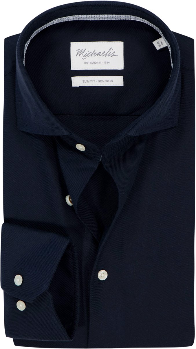 Michaelis slim fit heren overhemd - twill - donkerblauw - Strijkvrij - Boordmaat: 39 (EU maat: M)
