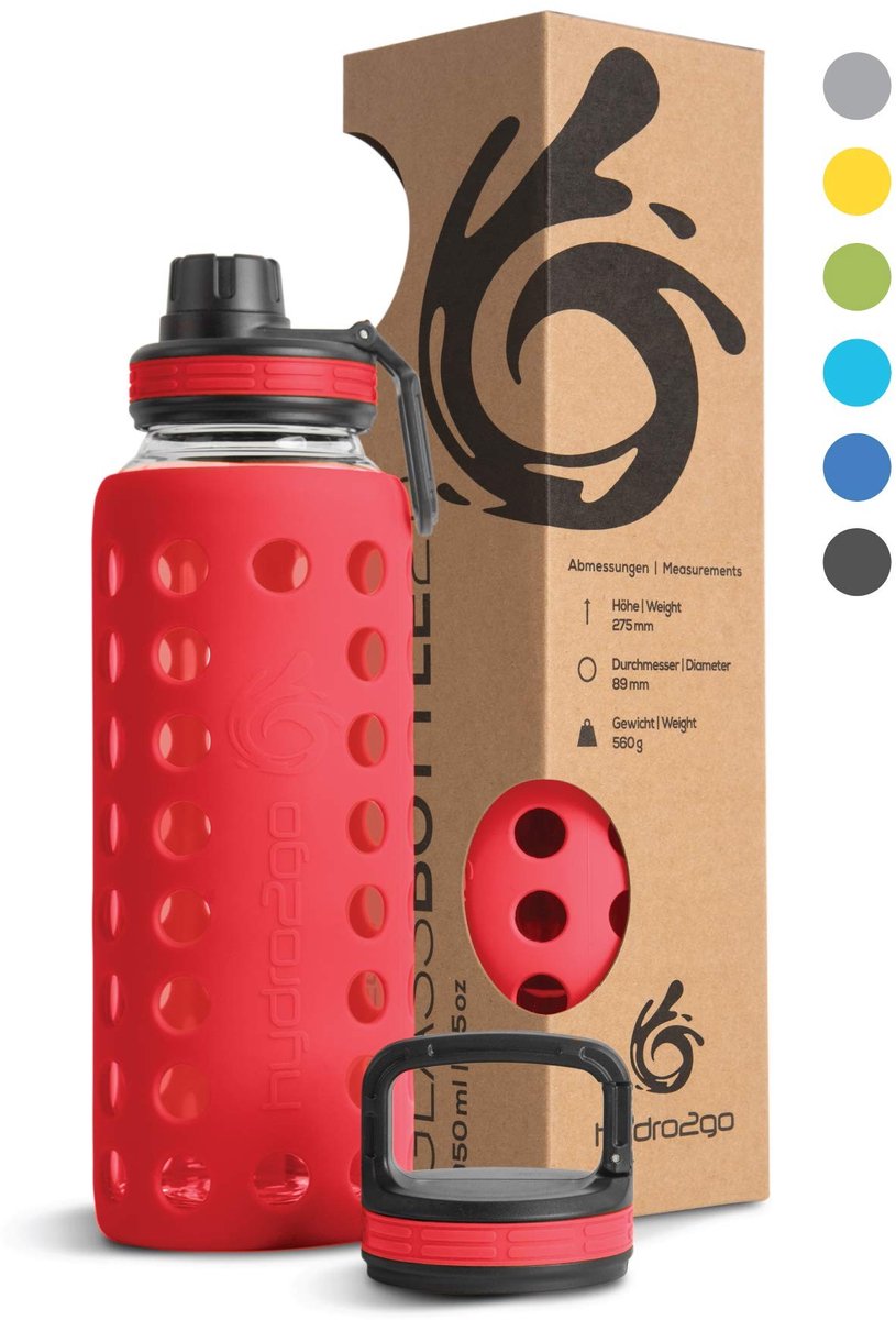 Solidchoice - Glas Waterfles met Silikon Huls 550ml, BPA-vrij en 100% Lekvrij