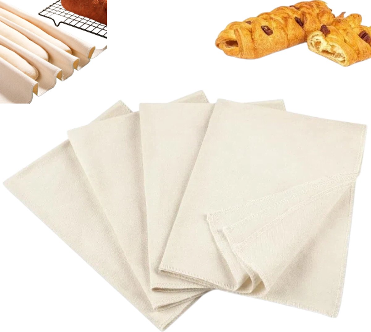4 stuks - Rijsdoek - Broodbakdoek - Brooddoek - Rijsdoek voor brood - Baguettedoek - Deegrijsdoek - Herbruikbaar - 48*36 cm - Lichtbruin - Geschikt voor baguettes, gebak en brood