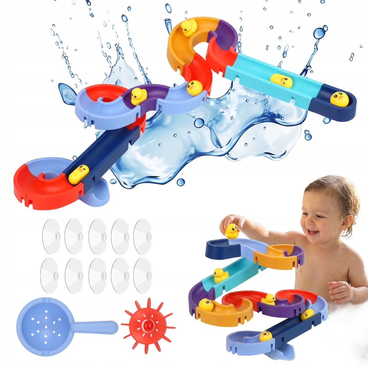 Badspeelgoed Kinderen - DIY Waterbaan 48-delig - Zelf Bouwen en Combineren - 6 Glijdende Speeltjes - 10 Zuignappen - Open Waterbuizen - Voor Bad, Douche en Waterspel op Tegels en Glas