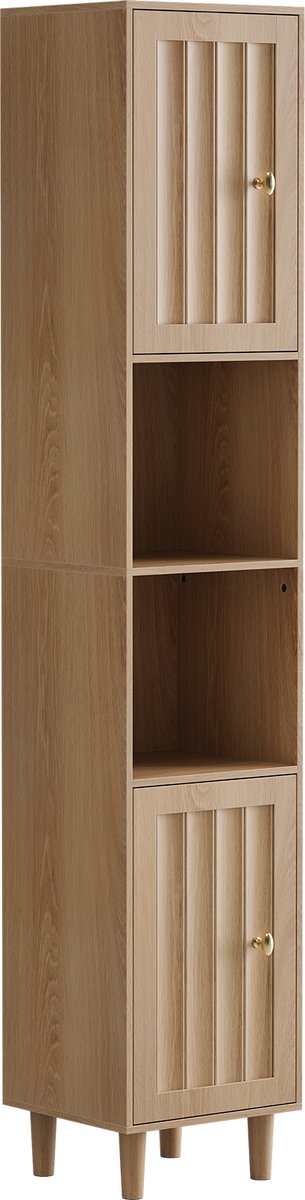 Hoge Badkamerkast - Smalle Kolomkast - Vrijstaande Opbergkast - Wasmachinekast - Open Vakken - Dubbele Deuren - Houten Poten - Badkamer - 32x30x169 cm - Opbergen - Eiken Look
