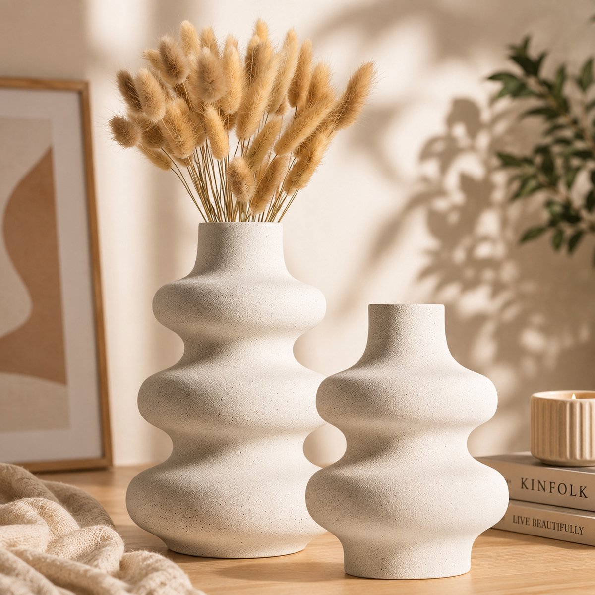 Set van 2 beige keramische vazen – rond, mat, modern & bohemian decoratie