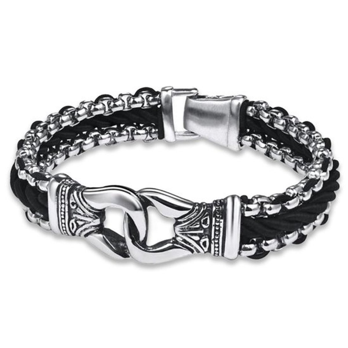 Victorious Zilveren Armband Heren – Zilver en Roestvrij Staal – Zilver/Zwart – 20cm