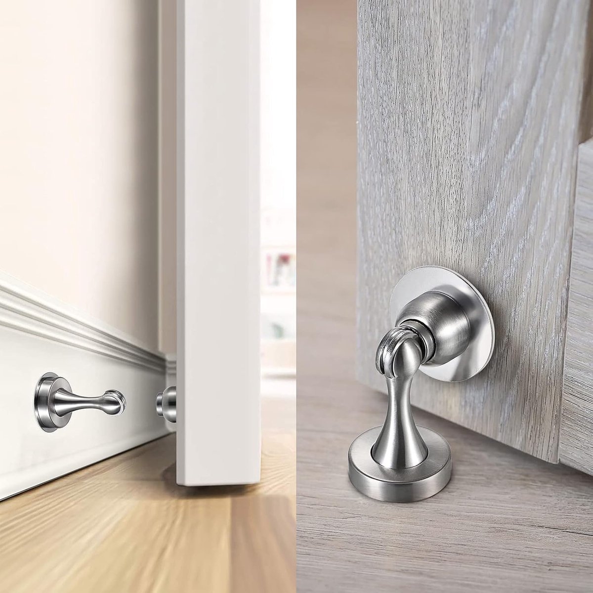 Magnetische deurstopper, robuuste roestvrijstalen deurstopperhouder, inclusief 3M dubbelzijdig plakband en bevestigingsschroeven. Te bevestigen met plakband of schroeven aan vloer of muur (zilver).