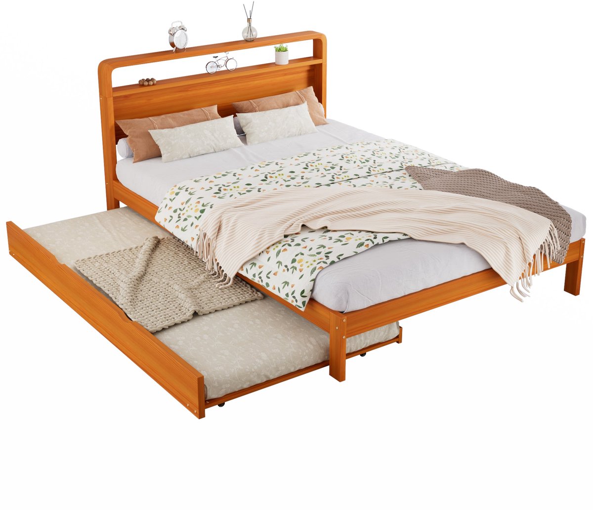 Merax Tweepersoonsbed 140x200 cm - Met Uitschuifbaar Logeerbed 90x190 cm - Massief Hout - Houten Lattenbodem - Natuurlijke Houtkleur
