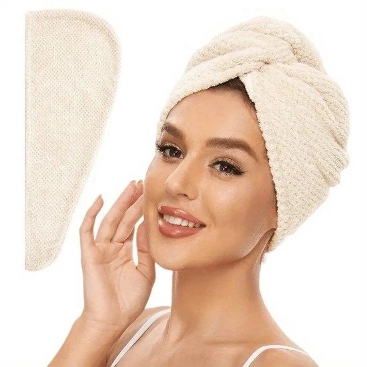 Casalora 2 Stuks Absorberende Haarhanddoek voor Dames – Getextureerde Droge Haarkap, Effen Kleur Beige, Wikkel met Knopsluiting – 65x25.5 cm