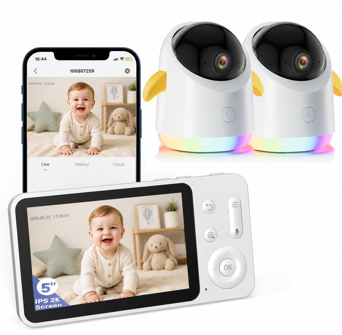 Babyfoon met 2 Camera's en App - 2K/3MP - 360° Beeld - 5" WiFi Video Babyfoon - RGB-Nachtzicht - Huil-, Bewegings-en Geluidsdetectie - 4x Zoom
