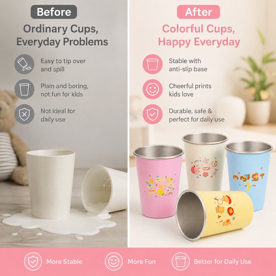 RVS Kinderbekers 4-delige Set - Onbreekbare Drinkbekers van Roestvrij Staal van400 ml - Kindervriendelijke RVS Beker met Vrolijke Print & Antislipbodem - Duurzame Bekers voor Jongens en Meisjes - School & Thuis van rvs — afbeelding 2