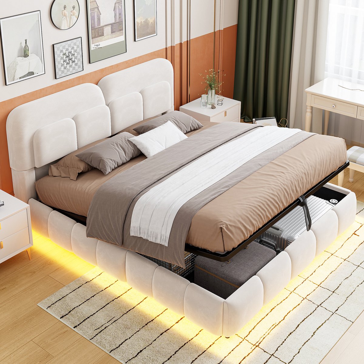 Kinderbed, Gestoffeerd Bed Van 140 X 200 cm Met Lichtstrip, Hoofdeinde En Bedzijden Met Een Volumineus, Robuust Ontwerp, Voorzien Van Een Hydraulisch Opbergsysteem, Bekleed Met Fluweel-Beige