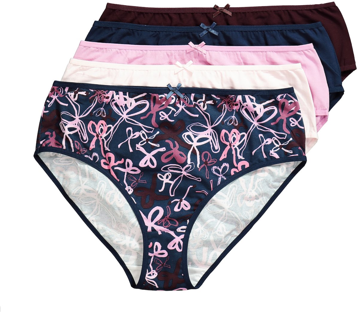 Ulla Popken - Dames - Midi-slips set van 5 strikjes/effen - Donkerpruim - Maat 42+