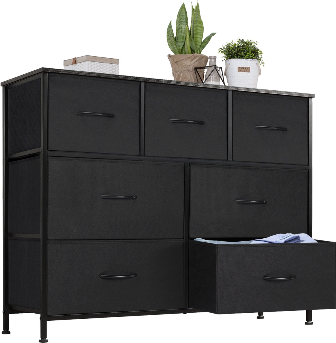 Mura Kledingkast - Ladekast - Dressoir - Opbergkast - Organizer - 7 Ruime Stoffen Laden - Metalen Frame - Waterbestendig - Zwart