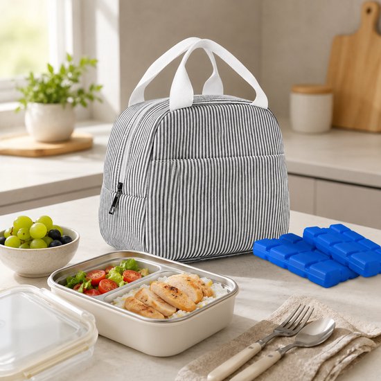 VHV - Koeltas - Geïsoleerde Lunchtas - lunchpakket set - Geïsoleerde koeltas - Lichtgewicht - Koelelementen - 23x14x19cm - Voor Werk, School, Picknick en Dagelijks Gebruik - Zwart Gestreept van Vhv — afbeelding 3