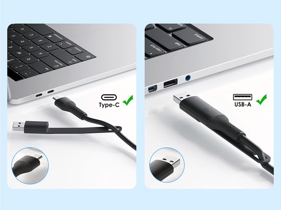 Twee afbeeldingen tonen de USB-C en USB-A aansluitingen van kabels, die passen bij laptops met een Type-C en USB-A poort.