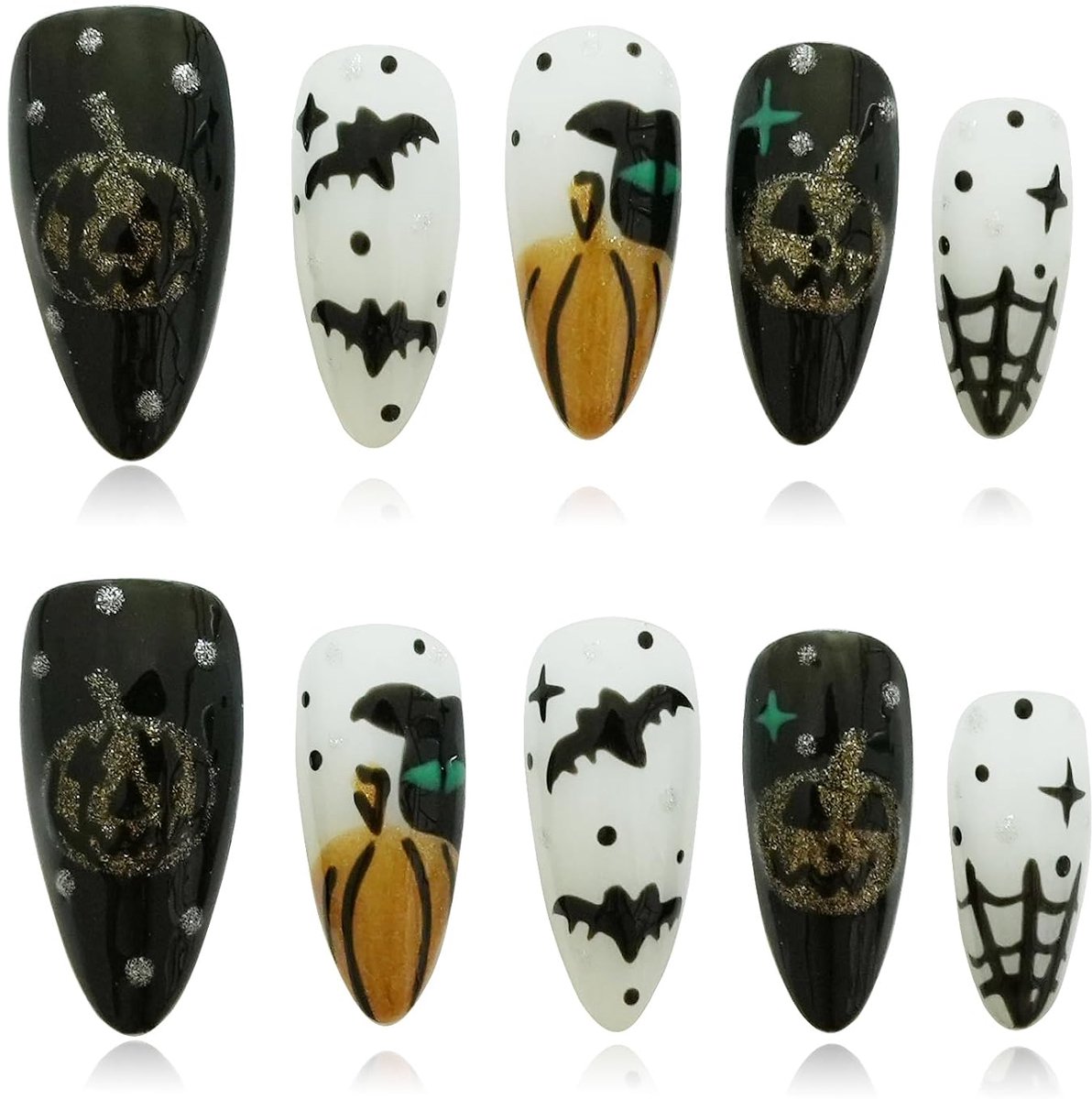 Halloween-nail-art - Handgemaakte Amandel Nagelextensies - Vleermuis, Pompoen en Spinneweb - Maat M - Zwart-Wit met Goud Glitter - 10 Stuks - Halloween Nagelkunst - Spookachtig Schattig Ontwerp - Zelfklevend en Herbruikbaar - Feestaccessoire