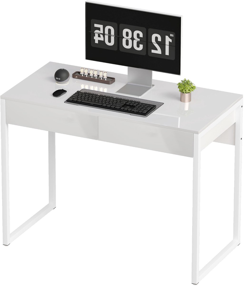 Bureau - stalen frame - 100 x 50 cm - bureau met 2 lades — geschikt voor kleine ruimtes — wit