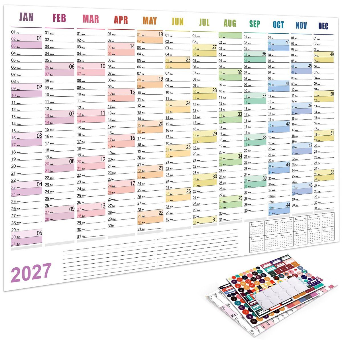 Wandkalender 2027 - Grote kalender voor 12 maanden - 52 × 74 cm - Dik papier - Veelzijdig - Geschikt voor het hele schooljaar - Ideaal voor scholen, kantoren of thuis