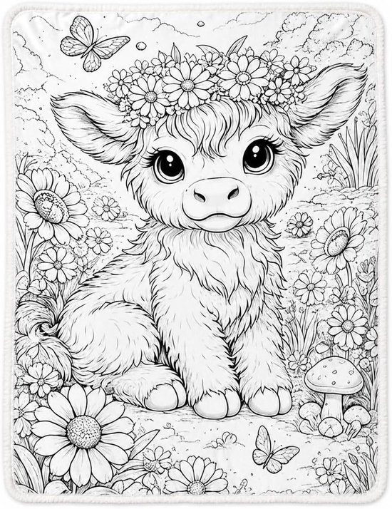 Kleurplaat van een schattige Highlands Koe met een bloemenkrans, omringd door madeliefjes en vlinders.