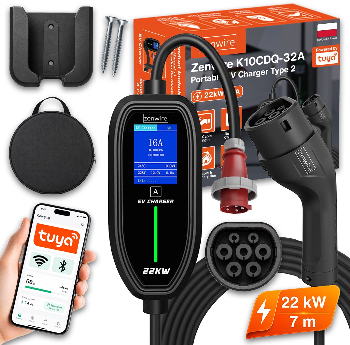 Zenwire - Professionele Oplader Voor Elektrische Auto's (EV) - Wallbox - 22 kW - 32 A - Type 2 - WiFi - 7 m