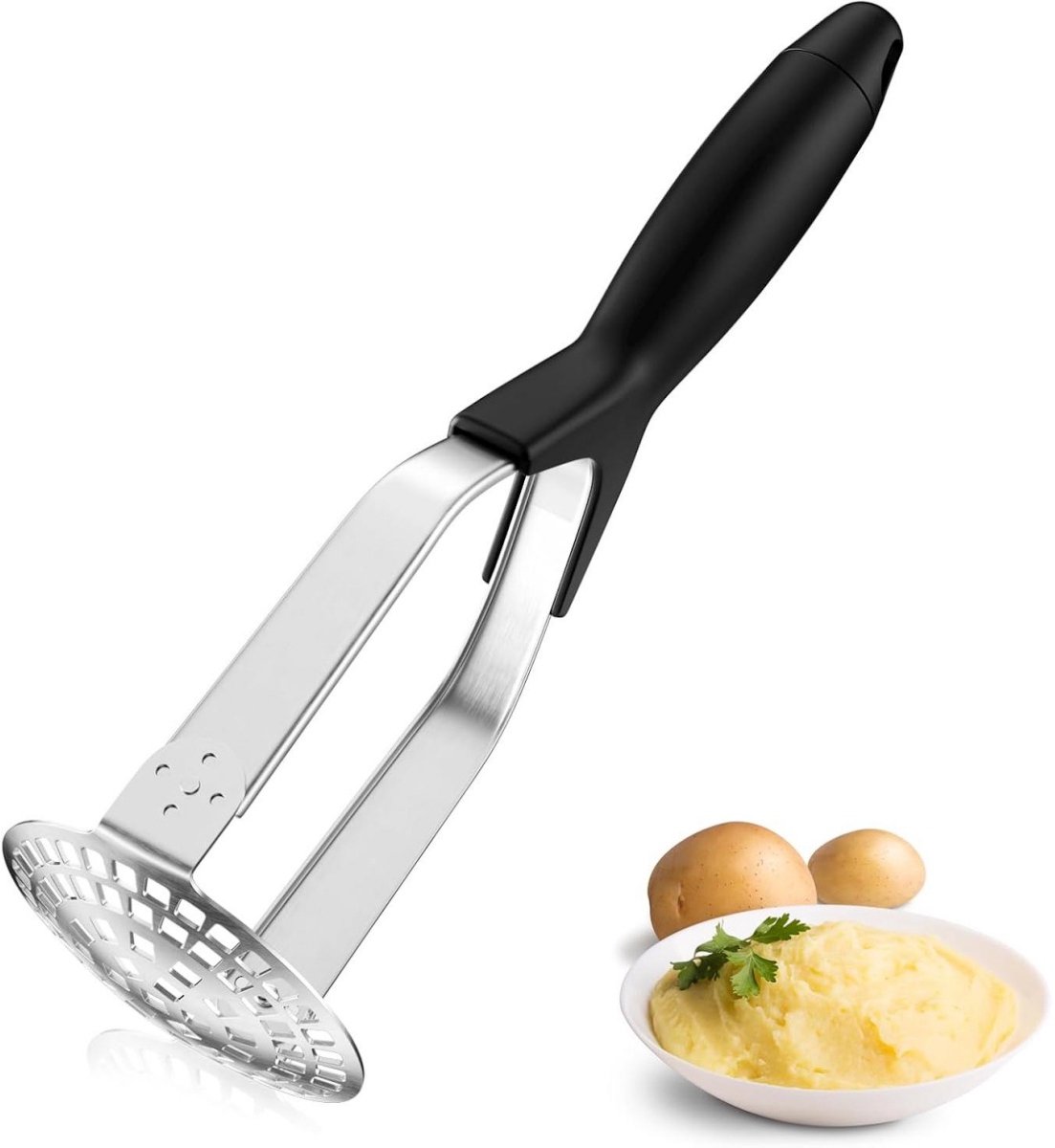 SSTRWGOOD Keukenstamper - Aardappelstamper - Groentestamper - 29.5x9.5cm - Roestvrijstalen masher met antislipgreep en opbergbaar drukplaatje - Geschikt voor aardappelpuree, groente en fruit - Roestvrij staal