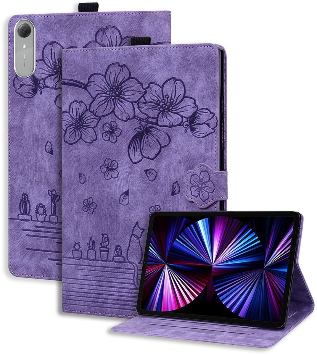Coverup Tablethoes geschikt voor Lenovo Idea Tab Pro Gen 2 Hoesje - Flowers & Cat Book Case - Paars