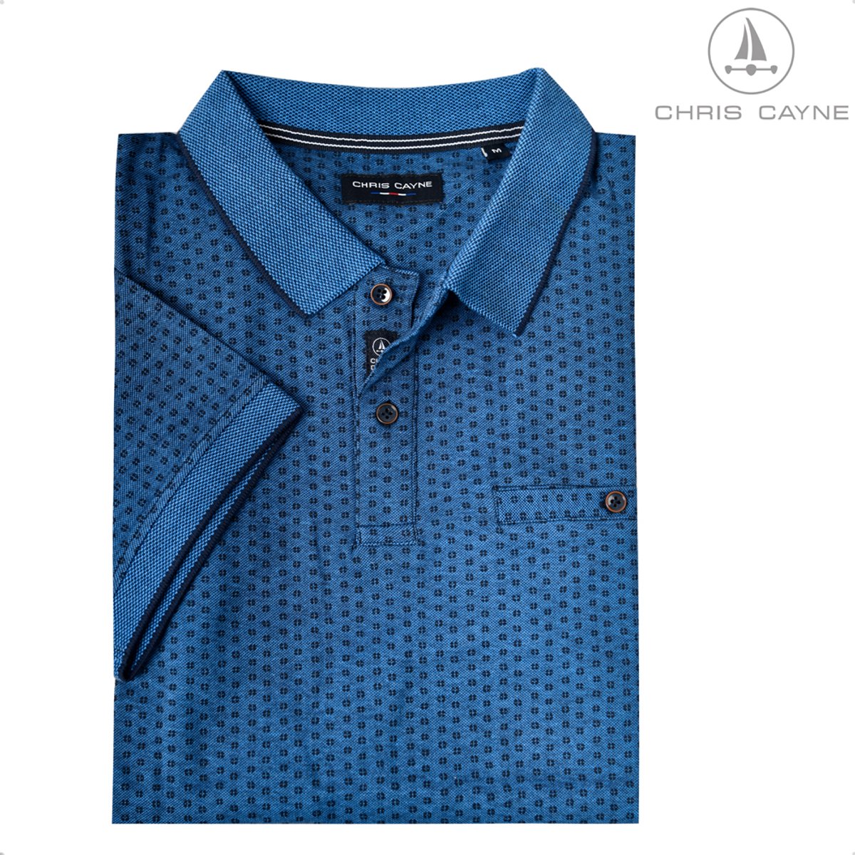 CHRIS CAYNE heren poloshirt - Blauw - XL - Heren - Knopen - Borstzak - Piqué - Geprint - 100% Katoen