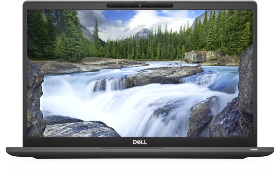 Donkere Dell laptop met een weidscherm, met een watervalafbeelding op het scherm.