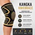 Zwarte KANGKA kniebrace met gouden accenten, honingraatpatroon en ovaal met strepen. De tekst 'copper' staat erop. Iconen benadrukken flexibele compressie, ademend en comfortabel materiaal, stabiele ondersteuning.