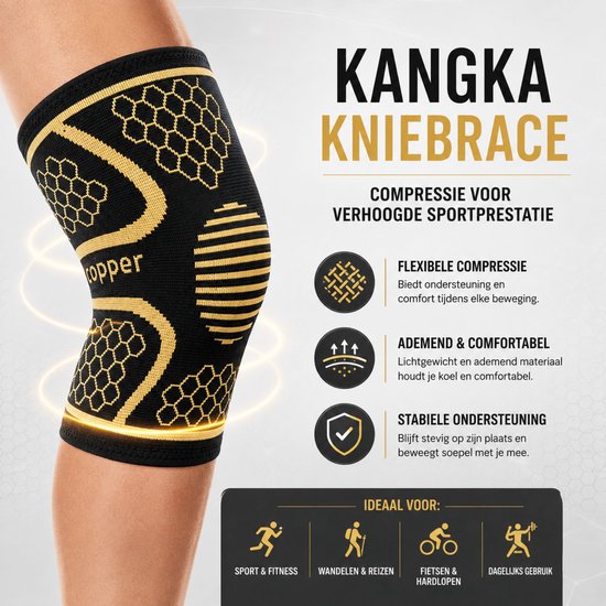 Zwarte KANGKA kniebrace met gouden accenten, honingraatpatroon en ovaal met strepen. De tekst 'copper' staat erop. Iconen benadrukken flexibele compressie, ademend en comfortabel materiaal, stabiele ondersteuning.