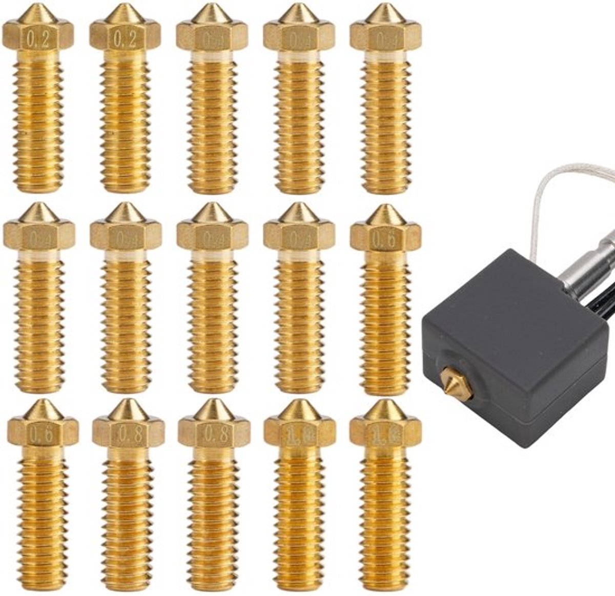 Nozzle Mondstukkenset 15 Stuks - 0,1 mm/0,2 mm/0,4 mm/0,6 mm/0,8 mm Messing - 3D-printeronderdelen - Uitstekende Warmtegeleiding - Gladde Binnenwand - 3D-printer Nozzle