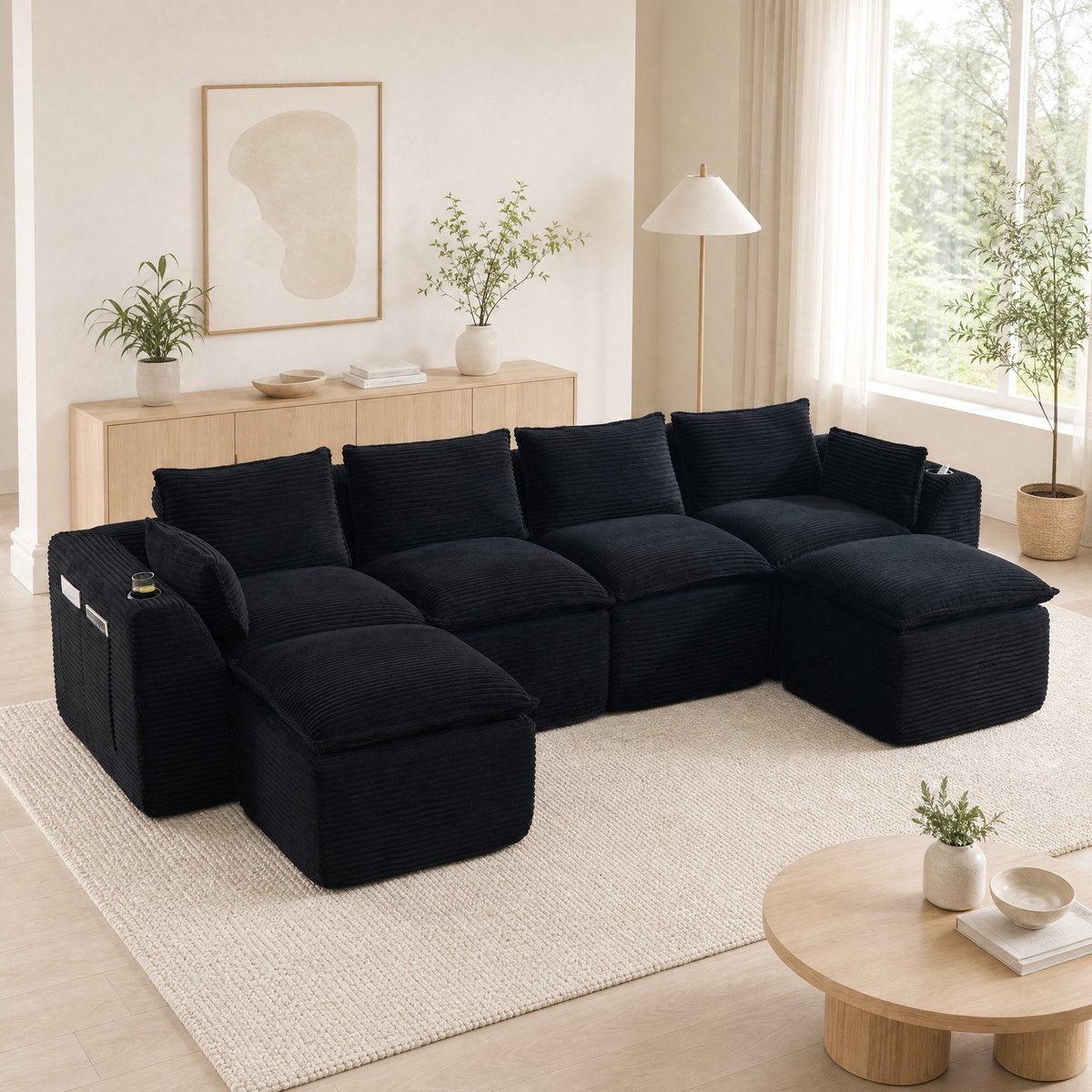 MODFU - Sofa Set - Modulaire Hoekbank - 4-Zits - Zwart - Ribstof