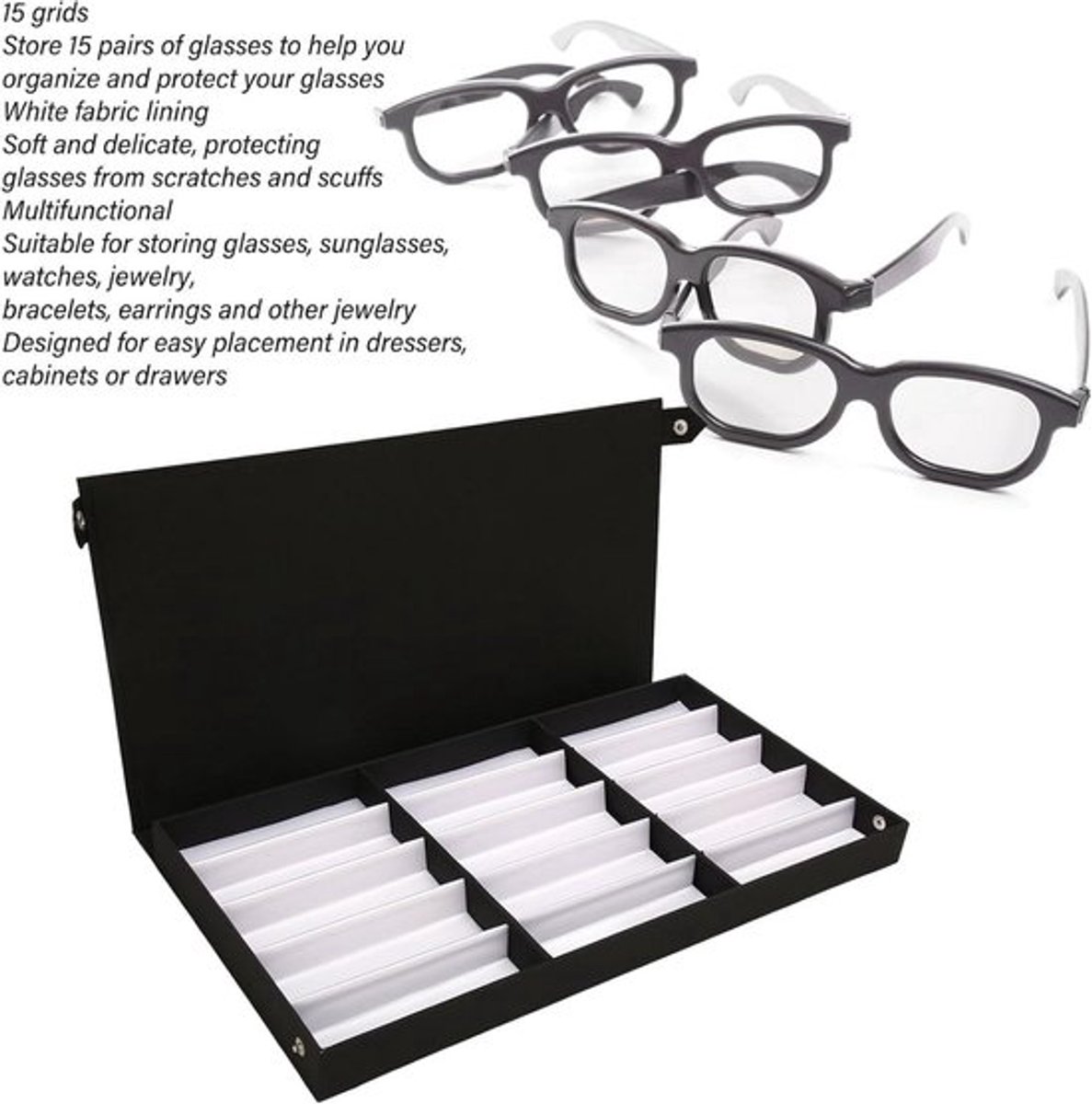 Organizer voor zonnebrillen, horloges en sieraden - Brillenopberger met 15 roosters - Opbergdoos voor brillen