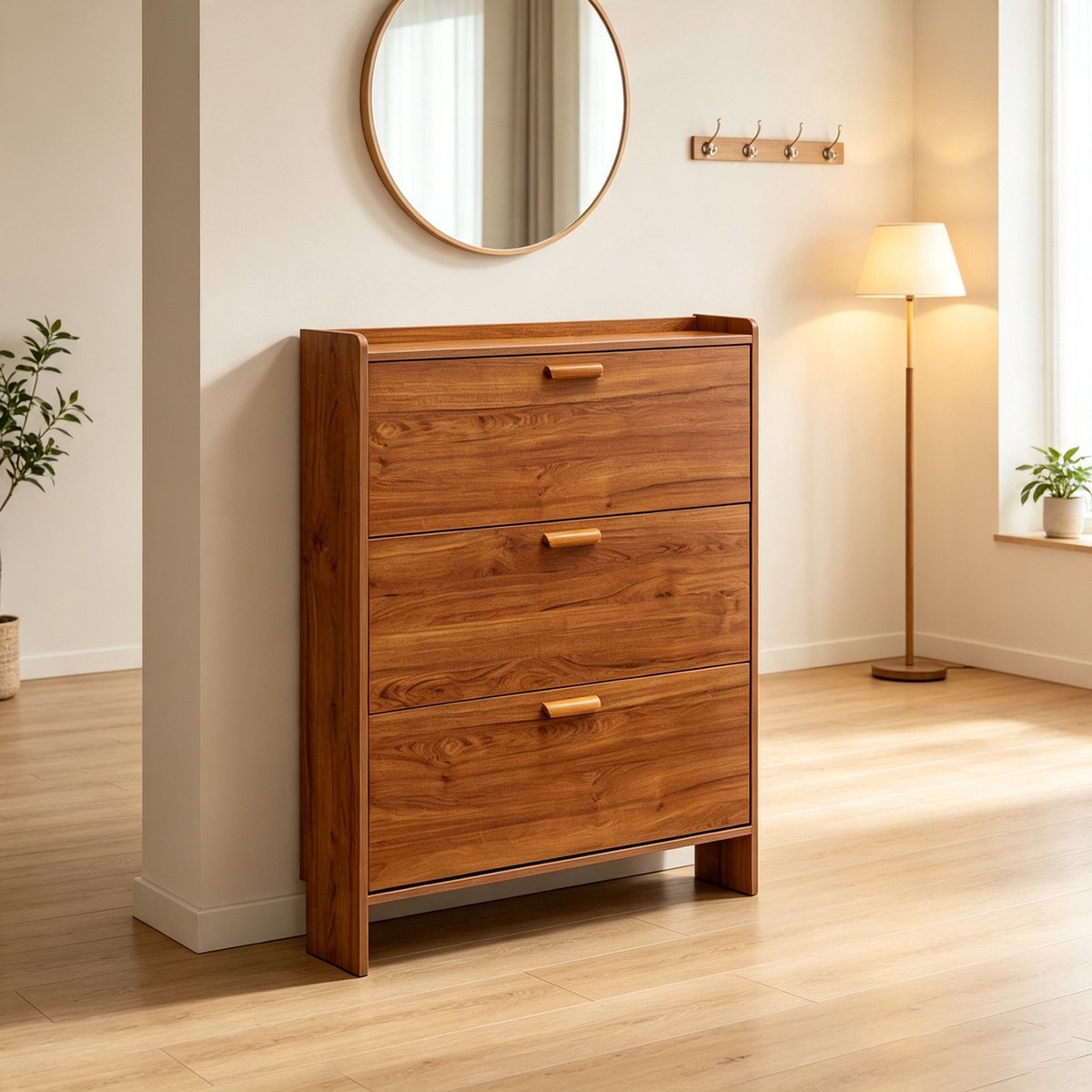 Deze ultradunne walnootkleurige opklapbare schoenenkast heeft drie opklapbare deuren en planken Dankzij het smalle ontwerp is hij geschikt voor gangen kleine appartementen en woningen Afmetingen 100*24*115 cm