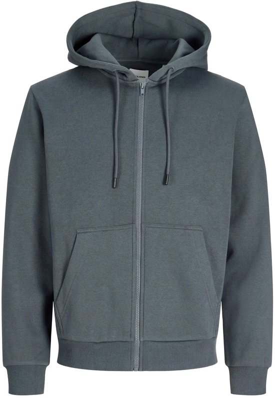 Grijze zip-through hoodie met capuchon en kangoeroezakken.