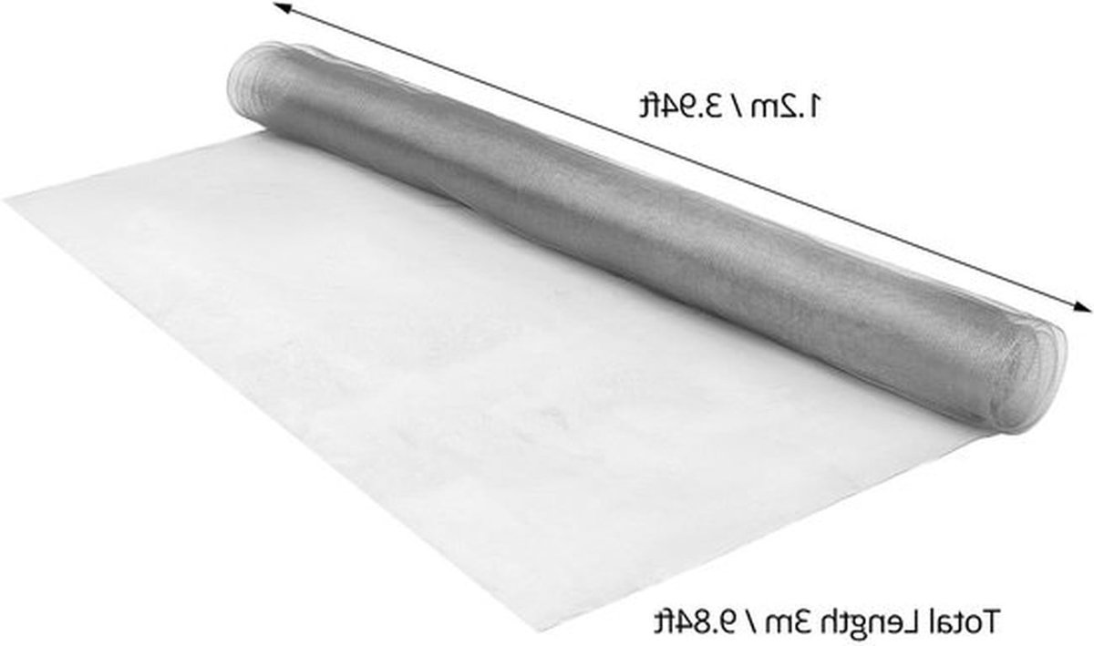 304 roestvrij staaldraadgaas 1.2m x 3m, fijnmazig draadgaas voor vliegenhor, draaddiameter 0.15 mm, maaswijdte 1.3 mm, duurzaam en effectief.