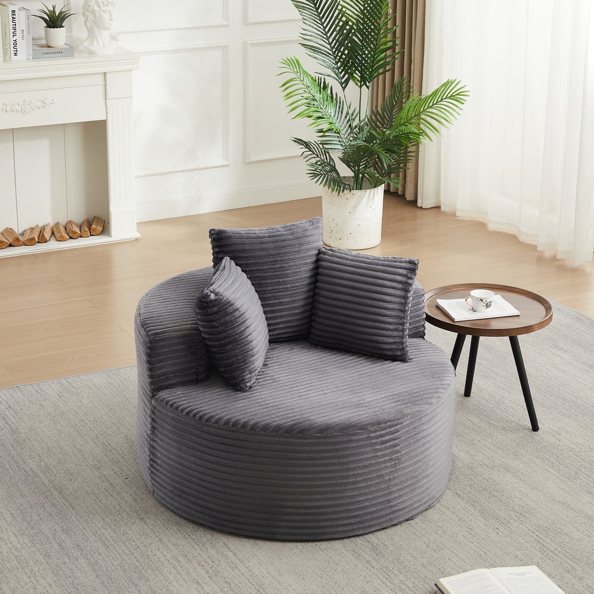 MODFU - Fauteuil - Rond - Corduroy - Grijs - 110 Cm - 3 Kussens - Minimalistisch