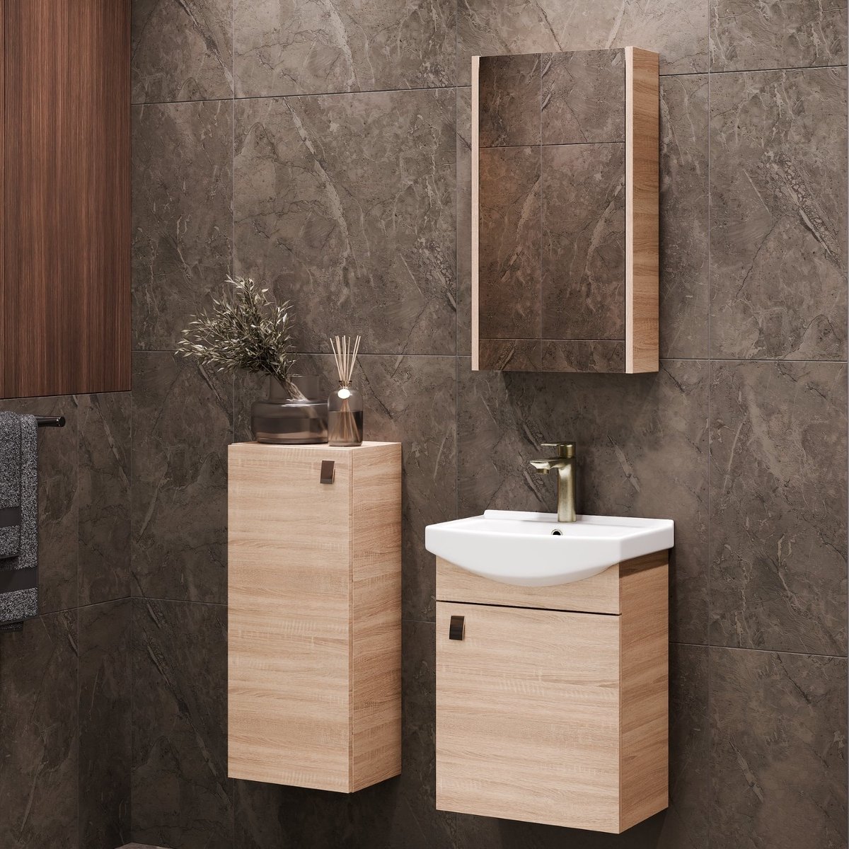Planetmöbel Badkamermeubel Set 45 cm – Sonoma Eiken – Keramische Wastafel met Spiegelkast en Midikast 32 cm – Soft-Close