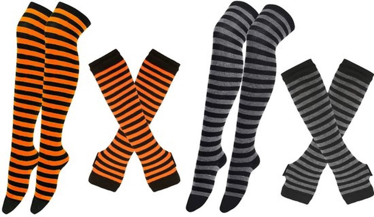 CHENGZI 2 sets Handschoenen Sokken Set Halloween Grappige Kousen Streep Knie Dij Hoge Sokken Arm Warmer Vingerloze Handschoenen, Grijs+Oranje, Eén maat