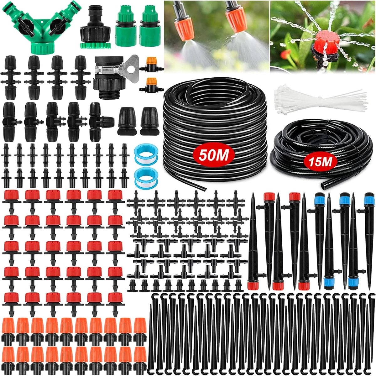 Tuinirrigatiesysteem - Groen - 50 m + 15 m Irrigatiebuizen - Automatische Druppelirrigatie - Voor Tuin en Broeikas