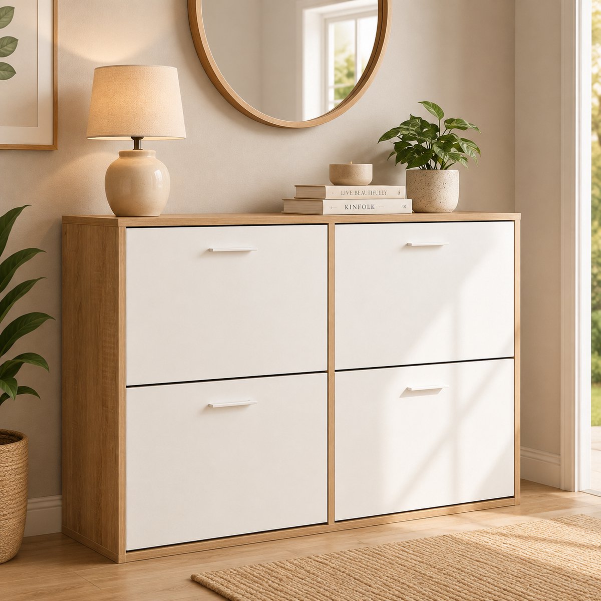 Dubbel schoenenkast met 4 klepcompartimenten, houten schoenenopslag voor maximaal 24 paar, entree organizer