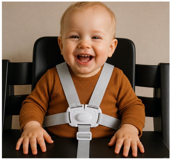 Lachende baby met oranje trui, vastgegespt in een zwarte kinderstoel met een lichtgrijs 5-punts tuigje.