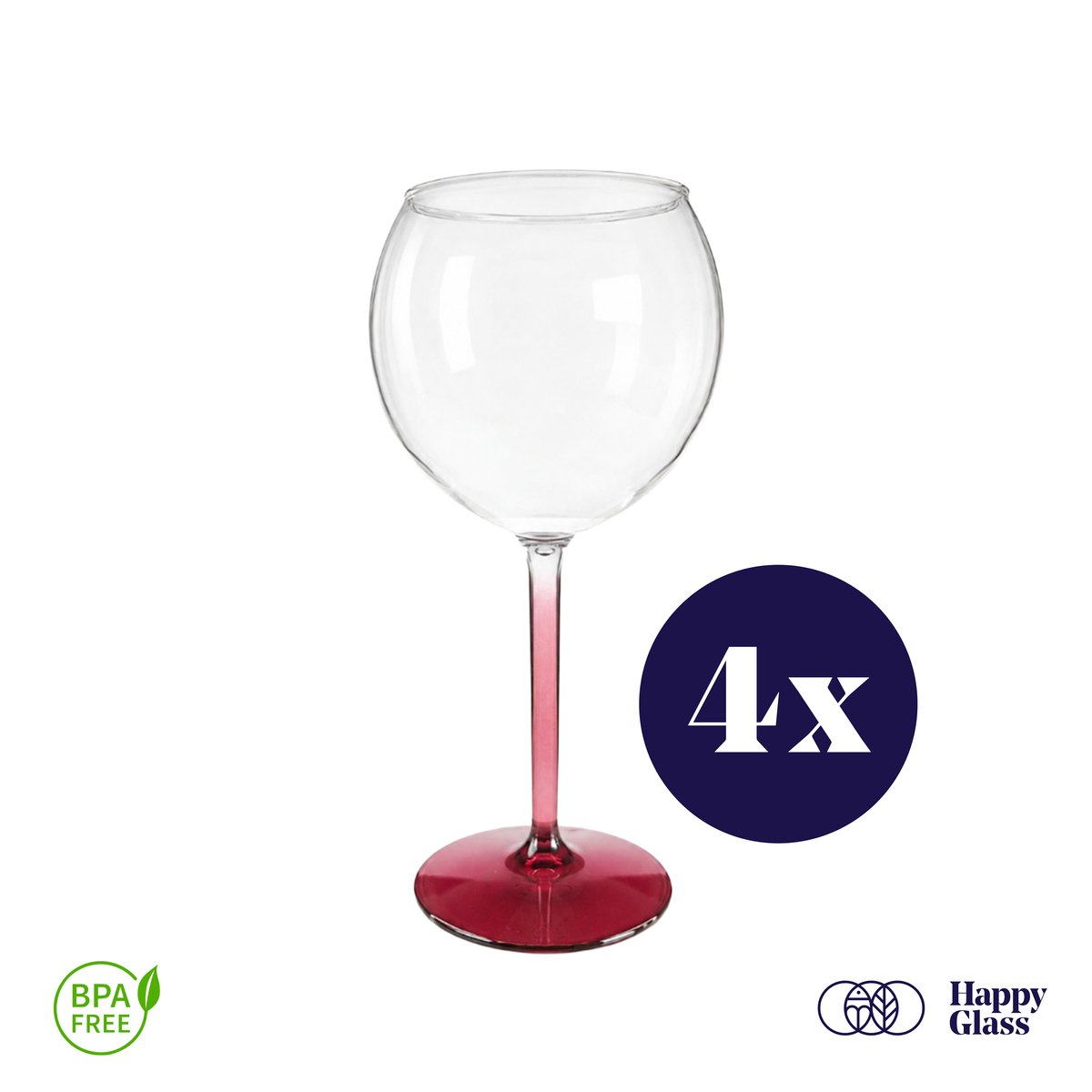 HappyGlass Miss Liza - Set van 4 kunststof Gin Tonic glazen - 63cl - Burgundy red steel - BPA-vrij Tritan