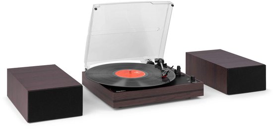Donkerbruine platenspeler met draaiende LP, in het midden, met aan weerszijden een donkerbruine speaker.