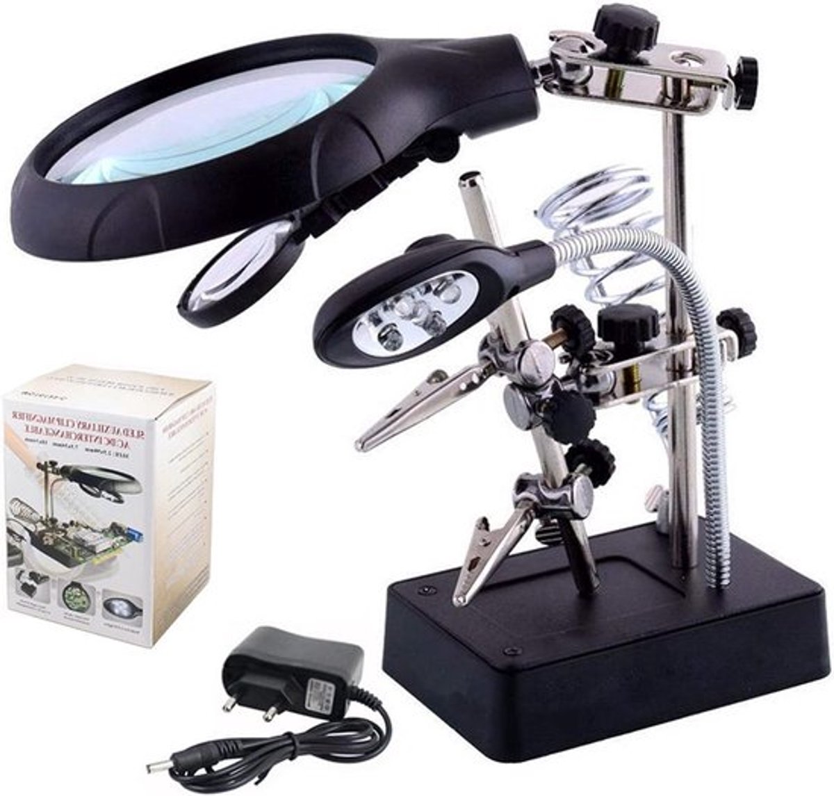 Vergrootglas met LED-verlichting en klemmen voor solderen - 2.5X, 7.5X, 10X vergroting voor precisiewerk