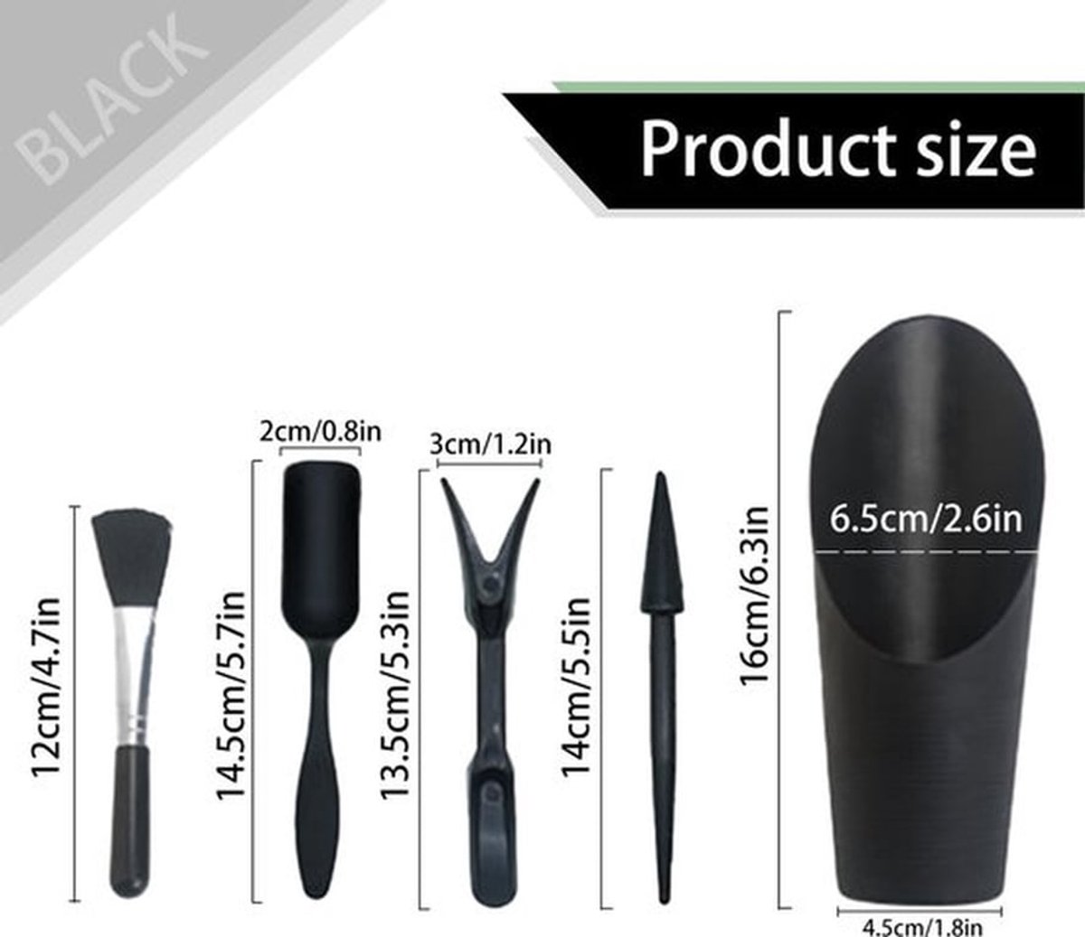 Succulent Gereedschap Set van 5 Stuks - Grondperforator - Zaailingtrekker - Schep - Reinigingsborstel - Kunststof - Zwart - Tuingereedschap