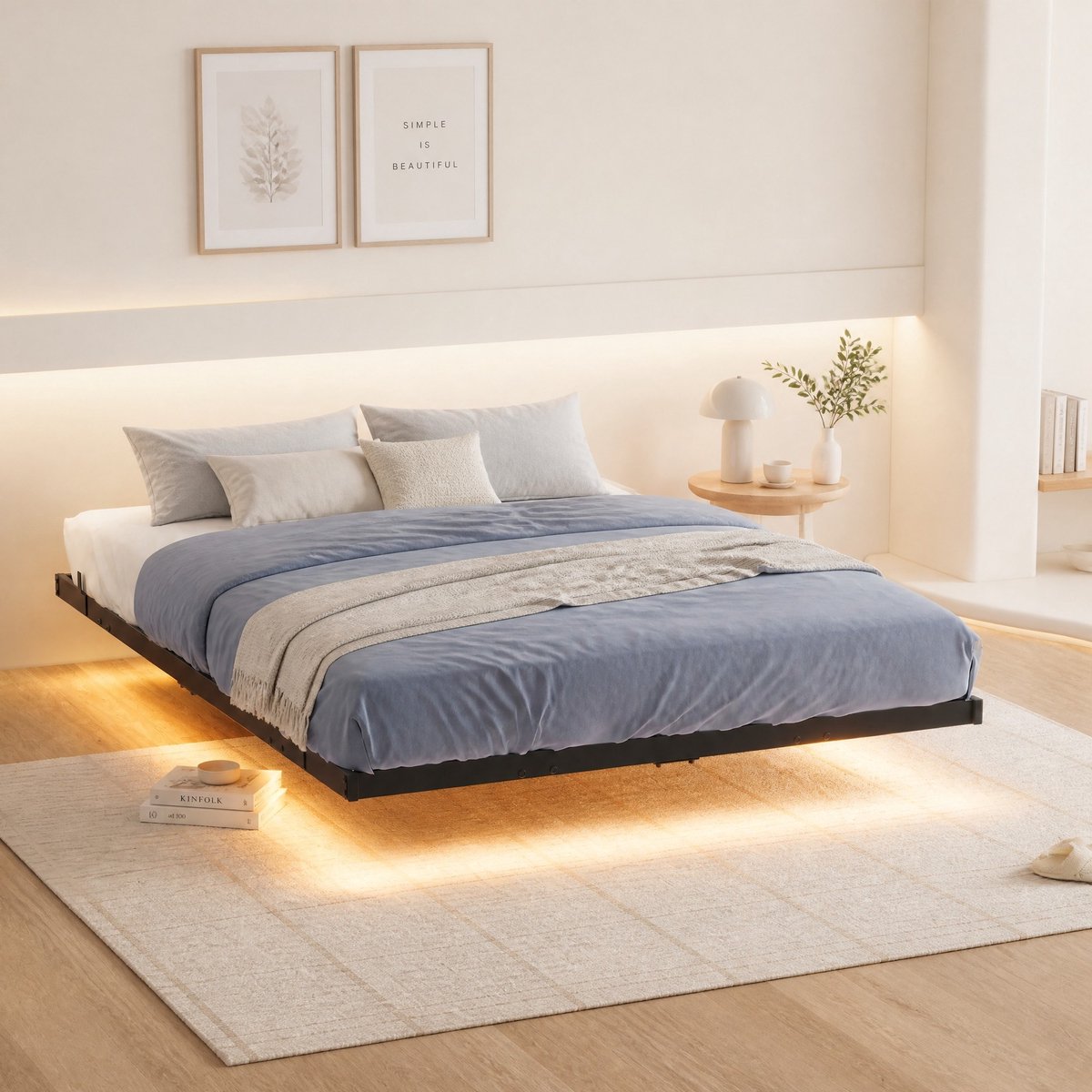 DESMIU Normaal Bed 140x200cm – Zwevend Bedframe Met LED Verlichting En Oplaadstation – Lattenbodem Voor Volwassenen – Metaal – Zwart Zonder Matras