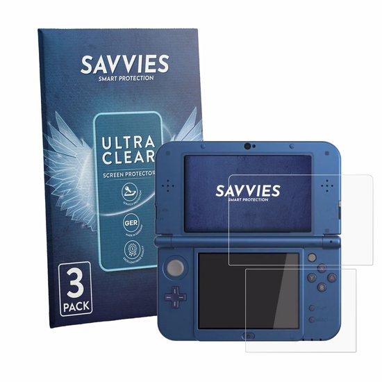 Nintendo New 3DS XL bleue avec un emballage de protection d'écran Savvies 'ULTRA CLEAR' et deux protections d'écran sur les écrans.