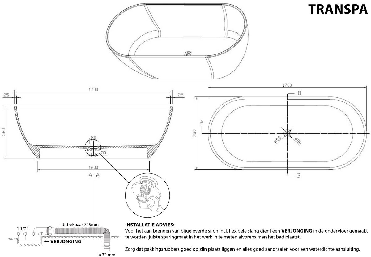 Vrijstaand ligbad Sanitado Rainbow Transparant 170x78cm clear