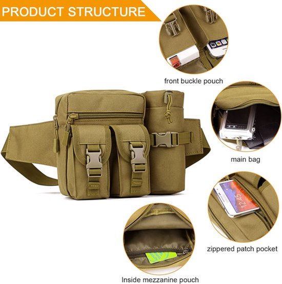 Heuptas met flessenhouder, heuptas voor heren, sport, militair, voor trekking, fietsen, wandelen, kamperen, reizen — afbeelding 2