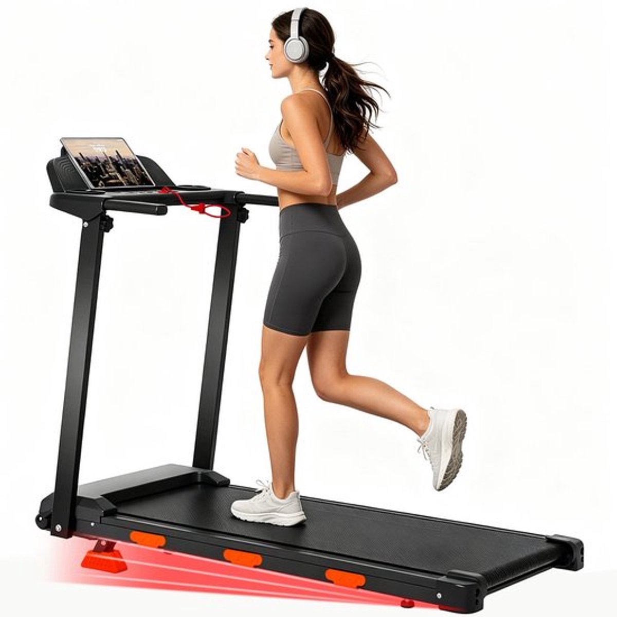 Compacte opvouwbare loopband voor thuis. Snelheid tot 12 km/u, helling handmatig in 3 standen instelbaar, 3,0 pk motor . Maximaal gebruiksgewicht 120 kg – ideaal voor wandelen, joggen en hardlopen